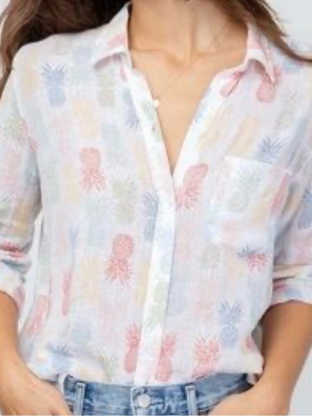 Rails Chari Rainbow Pina Lightweight linen White Pineapple-Print Button-Up Small
